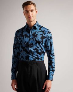 Ted Baker Altlo Long Sleeve Floral Print Shirt Medium Blue | 4261053-WE