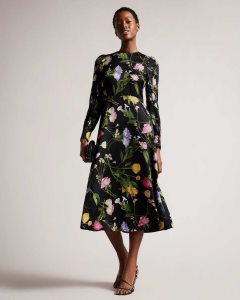 Ted Baker Arianya Blouson Sleeve Floral Midi Dress Black | 1436905-KJ