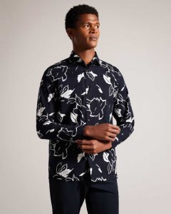 Ted Baker Ashlo Long Sleeve Floral Outline Printed Shirt Navy | 1304672-OF