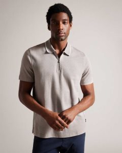 Ted Baker Buer Short Sleeve Textured Zip Polo Shirt Grey | 6380957-RV