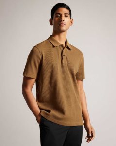 Ted Baker Bute Short Sleeve Regular Fit Textured Polo Shirt Camel | 1876025-TF