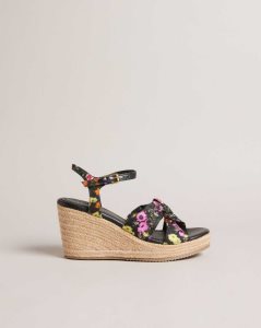 Ted Baker Cardima Floral Soft Knot Wedges Black | 4830561-DB