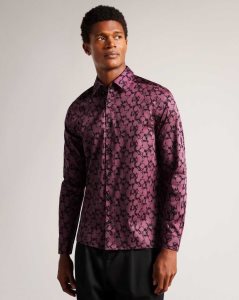 Ted Baker Comlee Long Sleeve Floral Print Shirt Maroon | 7806249-PO