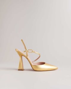 Ted Baker Coriana Geometric Heel Pointed Court Shoes Gold | 5823710-HG