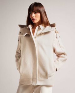 Ted Baker Dennia Oversized Wool Parka With Detachable Hood Ivory | 6593807-BN