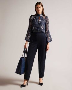 Ted Baker Eliona Barrel Trousers With Pin Tuck Detail Navy | 5906428-AL