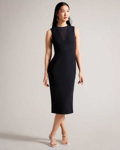 Ted Baker Elissii Midi Bodycon Dress With Sheer V-Neck Dark Navy | 5062741-BO