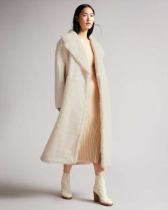 Ted Baker Emiliyy Mixed Fabric Faux Fur Cocoon Coat Ivory | 2459837-UH