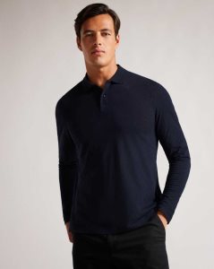 Ted Baker Enio Long Sleeve Cashmere Blend Polo Shirt Navy-Blue | 9780421-OV