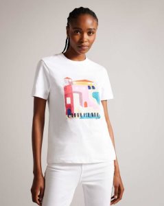 Ted Baker Esmayy Capri Island Graphic T-Shirt White | 9246503-DZ