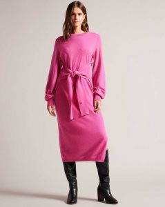 Ted Baker Essya Slouchy Tie Front Midi Knit Dress Bright Pink | 8345297-EV