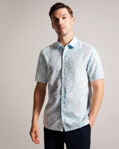 Ted Baker Flaisby Linen Blend Floral Print Shirt Light Blue | 1659284-MV