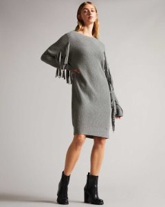 Ted Baker Friidah Knitted coccoon dress with fringe trim Medium Grey | 6142805-YL