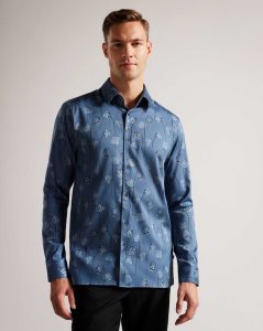 Ted Baker Frith Long Sleeve Flower Print Shirt Medium Blue | 9870643-ND