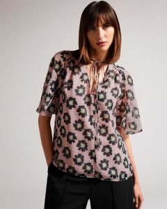 Ted Baker Harlynn Split Sleeve Top With Neck Tie Pink | 3269084-RD