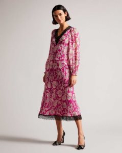 Ted Baker Izobele Long Sleeve Midi Dress With Lace Trim Bright Pink | 0469582-TI