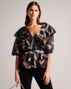 Ted Baker Jasmyna Ruffle V-Neck Top With Tie Waist Black | 8317094-DQ