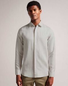 Ted Baker Jasperr Linen Blend Herringbone Shirt Natural | 6753289-XE