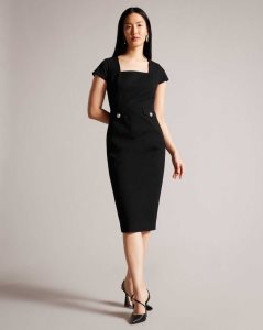 Ted Baker Josiaad Square Neck Military Midi Dress Black | 4312685-VX