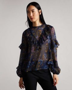 Ted Baker Jovena Printed Waterfall Ruffle Top Navy | 7610984-EX