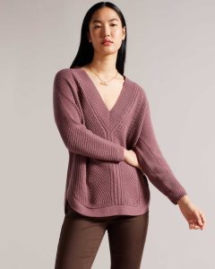 Ted Baker Lerissa Slouchy V Neck Jumper Taupe | 5974061-VR