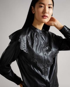 Ted Baker Maisson Perforated Pleather Top With Collar Black | 8205746-JU