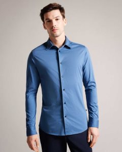 Ted Baker Marros Long Sleeve Lustrous Jersey Shirt Medium Blue | 7809143-OU