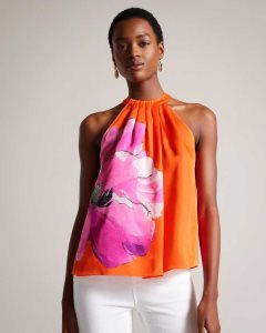 Ted Baker Milenaa Pleated Floral Halter Neck Top Bright Orange | 0569734-GZ