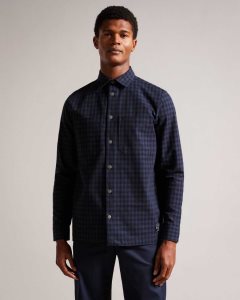 Ted Baker Mourne Long Sleeve House Check Overshirt Navy | 8062395-GL