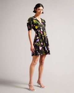 Ted Baker Opallie Mini Puff Sleeve Tea Dress Black | 7850623-LY