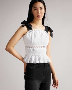 Ted Baker Pietri Lace Insert Peplum Top With Grosgrain Straps White | 6905318-JC