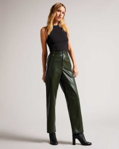 Ted Baker Plaider Straight Leg Faux Leather Trousers Khaki | 7184396-ED