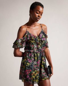 Ted Baker Priyahh Off the Shoulder Ruffle Playsuit Black | 9103527-XP