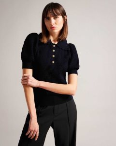 Ted Baker Reannia Polo Knit Top With Embellished Buttons Dark Blue | 7942130-HX