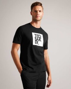 Ted Baker Rofata Short Sleeve Square Logo Graphic T-Shirt Black | 8562073-LF