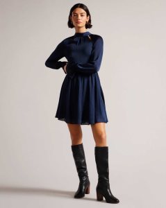 Ted Baker Ryaa High Neck Fit And Flare Mini Dress Dark Blue | 3569720-RK