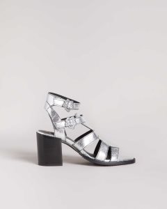 Ted Baker Taylay Strappy Block Heeled Crinkled Leather Sandals Silver | 1854397-VT