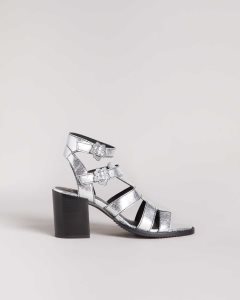 Ted Baker Taylay Strappy Block Heeled Crinkled Leather Sandals Silver | 5971408-CX