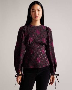 Ted Baker Terre Printed Peplum Top With Cuffed Sleeves Black | 6780594-HK