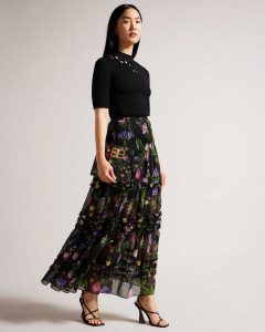 Ted Baker Thieaa Micro Ruffle Tiered Midaxi Skirt Black | 5942781-UX