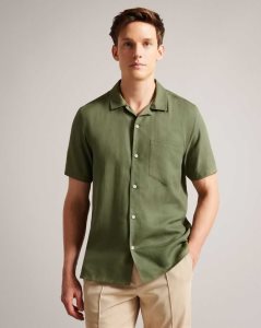 Ted Baker Wesland Short Sleeve Tencel Linen Revera Collar Shirt Olive | 2867395-LP